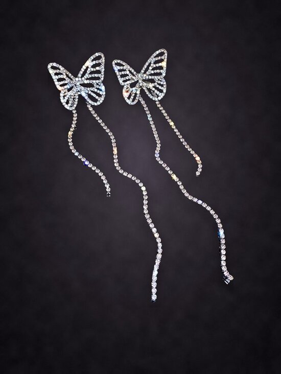 Jewelry - Rhinestone Butterfly Earrings, Long Crystal Chain Tassel, Platinum Plated NWT